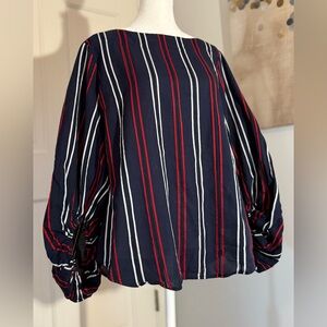CAbi Women’s Navy Red White Stripe Cotton Balloon Sleeve Blouse Top Shirt Medium